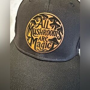 NWOT All Mushrooms are Magic Black Fitted Baseball Cap. L-XL. Brown Leather.